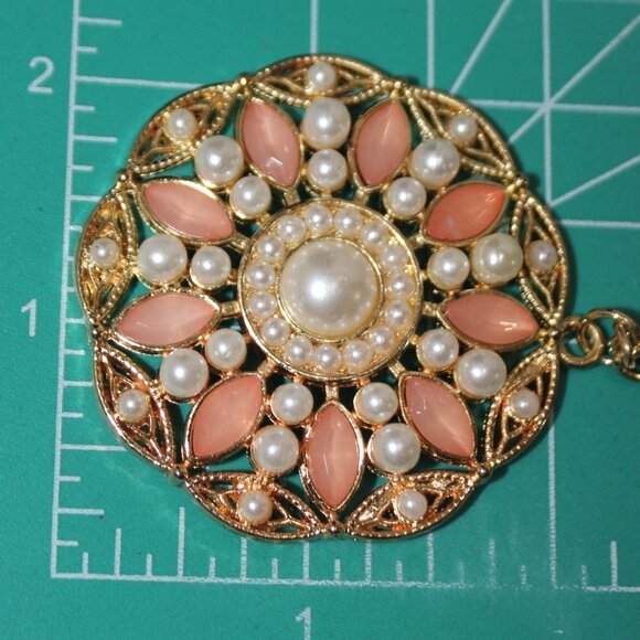 Pearl and Pink Circular Pendant on Golden Chain Necklace - Picture 9 of 9